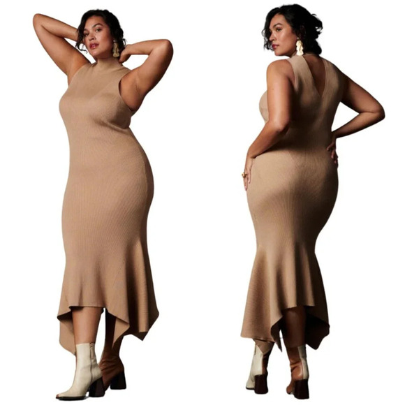 NWT Anthropologie Mock Neck Midi Dress Women's Small Cedar Tan Sleeveless Knit - Picture 2 of 16